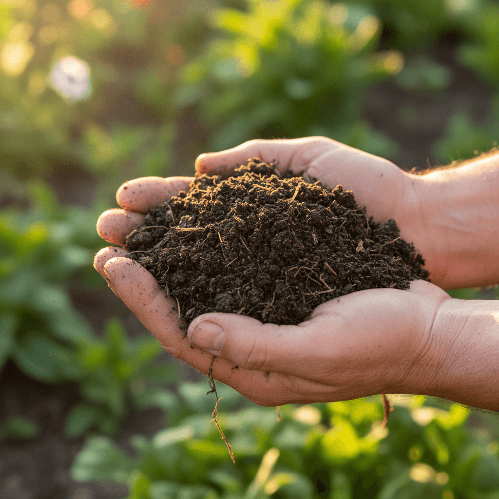 Hands holding dark fertile garden soil